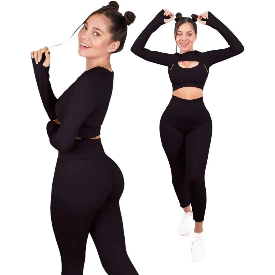 CURVY SET DEPORTIVO – TOP MANGAS+LEGGING+TOP – NEGRO